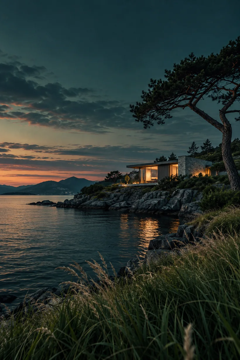 A modern lakeside house at dusk in deep teal and warm orange tones