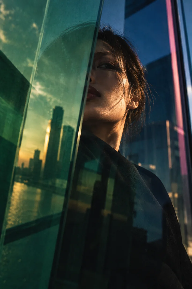 A cinematic portrait split by green architectural glass