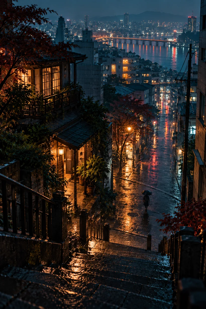 A rainy hillside street and distant bridge glowing at night