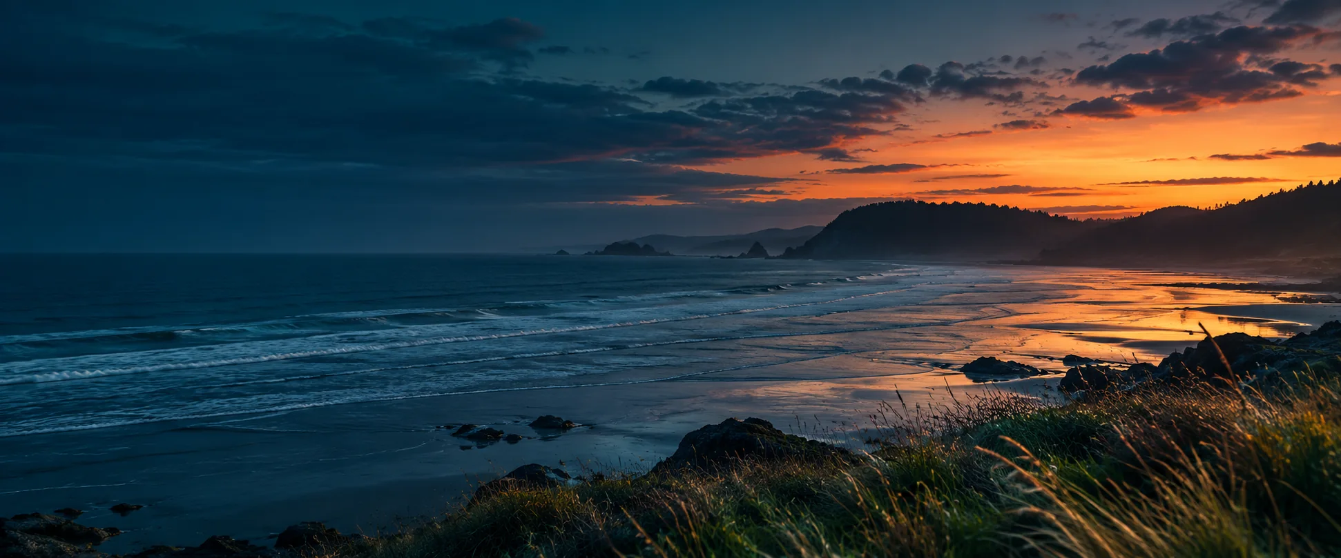 A cinematic coastline at blue hour